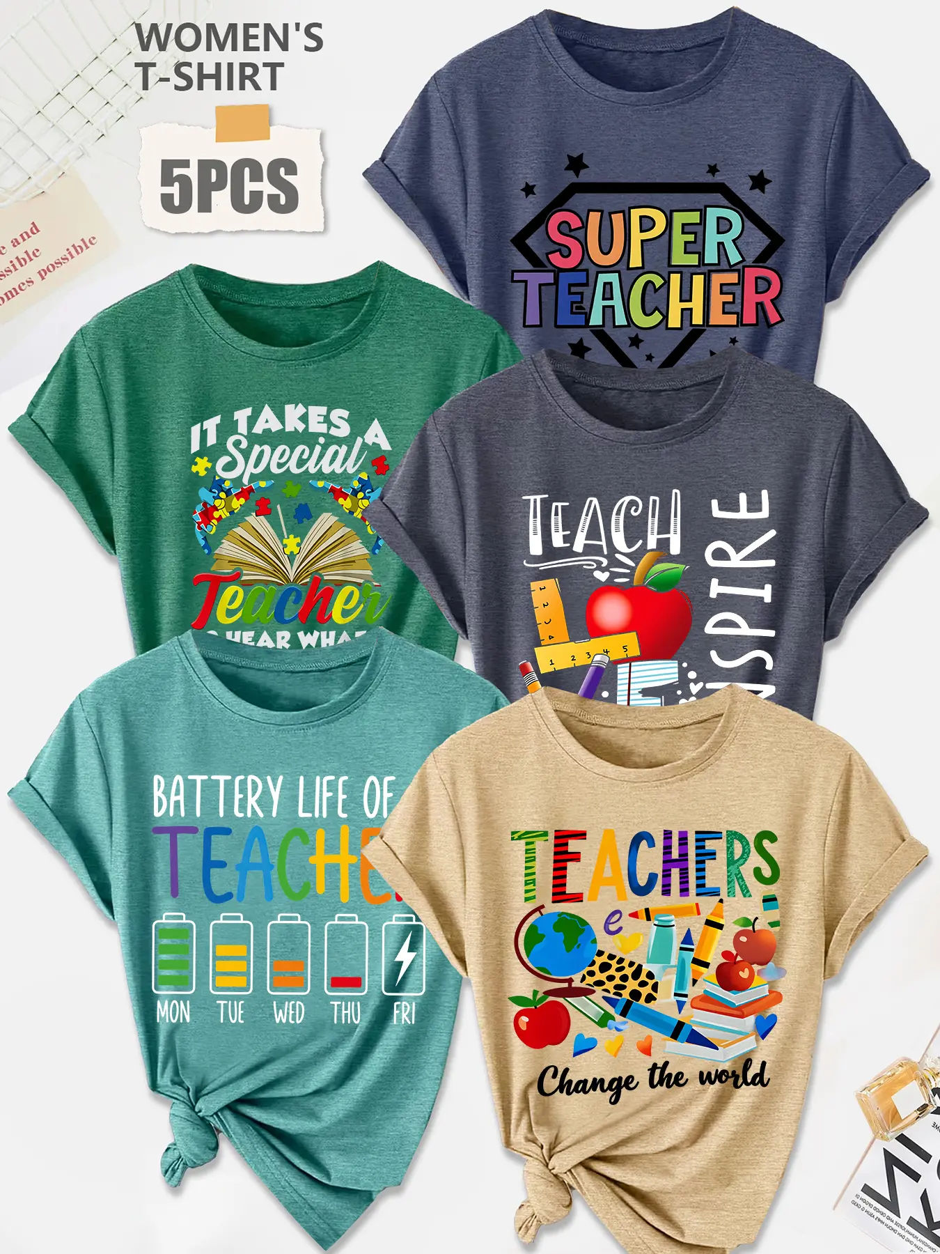 Women's 5Pcs Crew Neck T-Shirt, Teacher Fun Slogan Print, Multiple Colors Available, Machine Washable, Spring & Summer Tops, Soft Skin-Friendly Fabric, Daily Versatile, Fashion Design