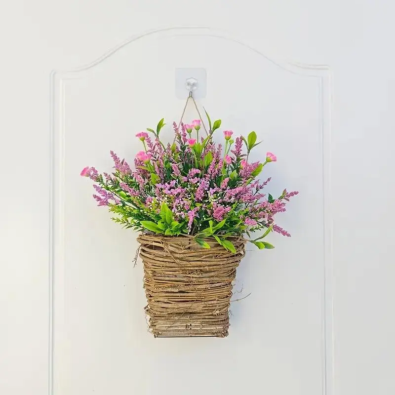 Charming Wildflower Door Basket Wreath, 13.7 Inch Spring Summer Welcome Sign, Artificial Floral Hanging Decor, Farmhouse Style, Front Door Decor