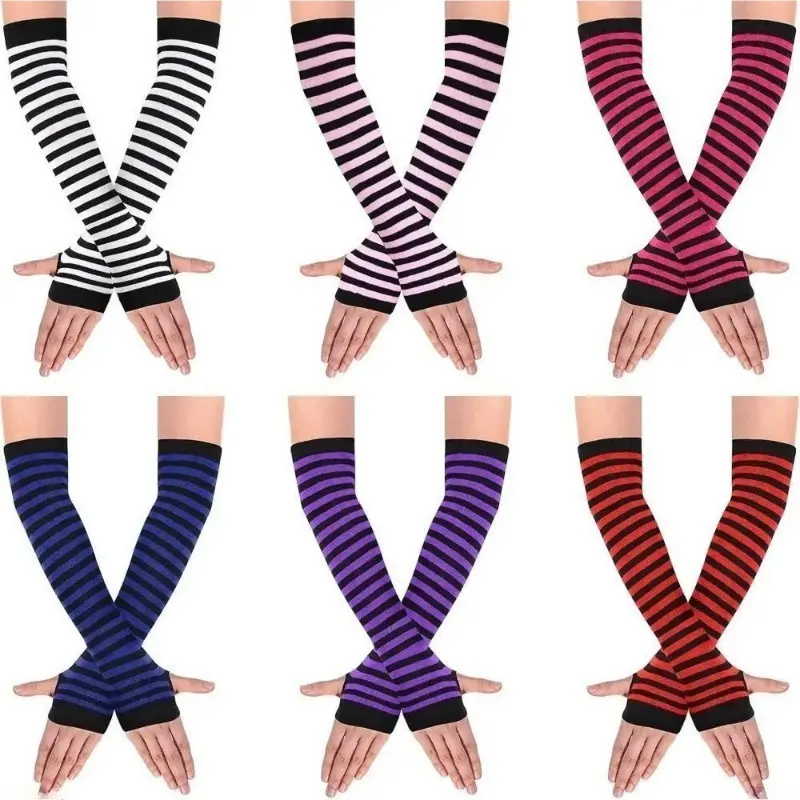 2026 New Arrival 4/6 Pairs Women Striped Knit Fingerless Arm Warmers, Elastic Thumb Hole Long Sleeve Gloves, Polyester Breathable Arm Cuffs for Daily Typing, Halloween & Christmas Party Cosplay, Holiday Gift Supplies