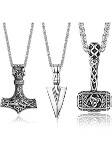 3Pcs Men's Necklace Viking Stainless Steel Thor Hammer Triangle Spearpoint Arrowhead Mjolnir Pendant Chain Necklace Talisman Necklace Vintage Viking Jewelry for Men Boy with Basket Chain
