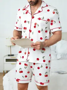 Men's Short-Sleeve Button-Down Loungewear, Soft Silky 2-Piece Sleepwear with Shorts, Featuring Fresh Cherry Patterns & Red Piping Trim, Lightweight PJs for Summer Nightwear & Lounging