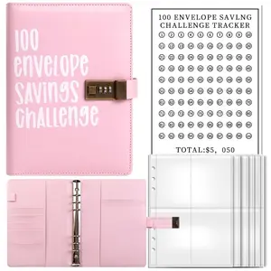 A5 Size Piggy Bank Notebook, / PU Leather Budget Tracker, Includes Cash Bag & Password Lock, 100 Envelopes Savings Challenge