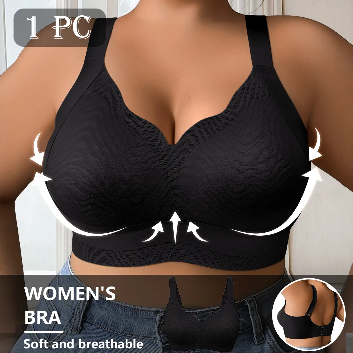 QUASTI Women's V-Neck No Underwire Bralette, Soft Seamless T-Shirt Bra, Solid Color Push Up Full Coverage Lounge Bra, Stretchy Full Figure, Plus Size