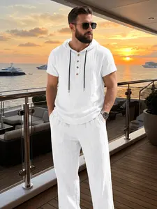 Summer Men's Casual Linen Loose-Fit American-Style Minimalist Hooded Henley Shirt and Trousers Holiday and Homewear Set