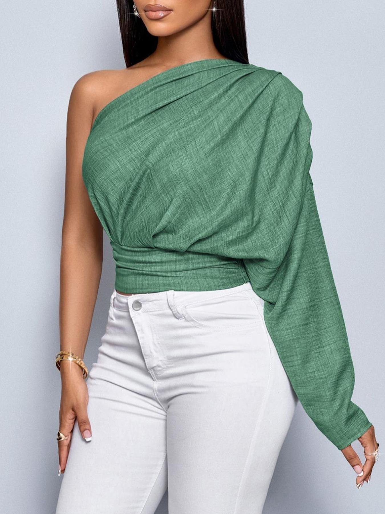 Aliling Sexy Elegant Feminine Women's One-Shoulder Long Sleeve Shirt Blouse Crop Top Slim-Fit Woven Fabric Casual Fashion for Spring or Summer