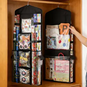 Christmas Wrapping Paper Organizer Storage Hanging Gift Bag Organizer Double-Sided Wrapping Paper Holder - Black