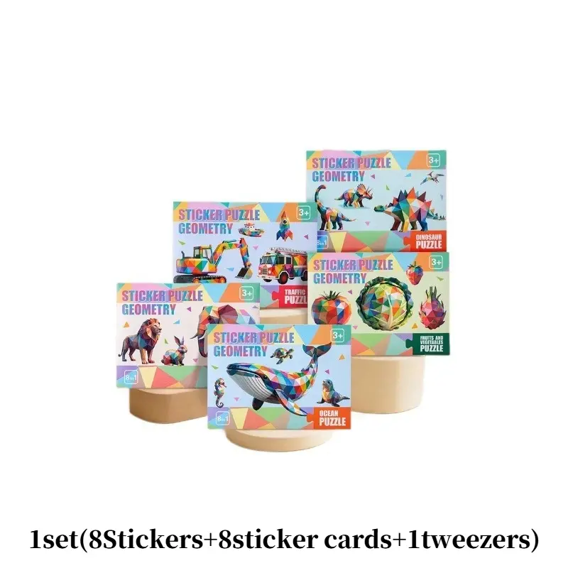 1Pc 3D Puzzle Sticker Kit With 8 Stickers 8 Sticker Cards 1 Tweezers 5 Themes Dinosaur, Ocean, Animal, Art, Fruit, Vegetable Educational DIY Craft Set Improve Concentration For Kids Students Back To School Classroom Activity Birthday Holiday Gift