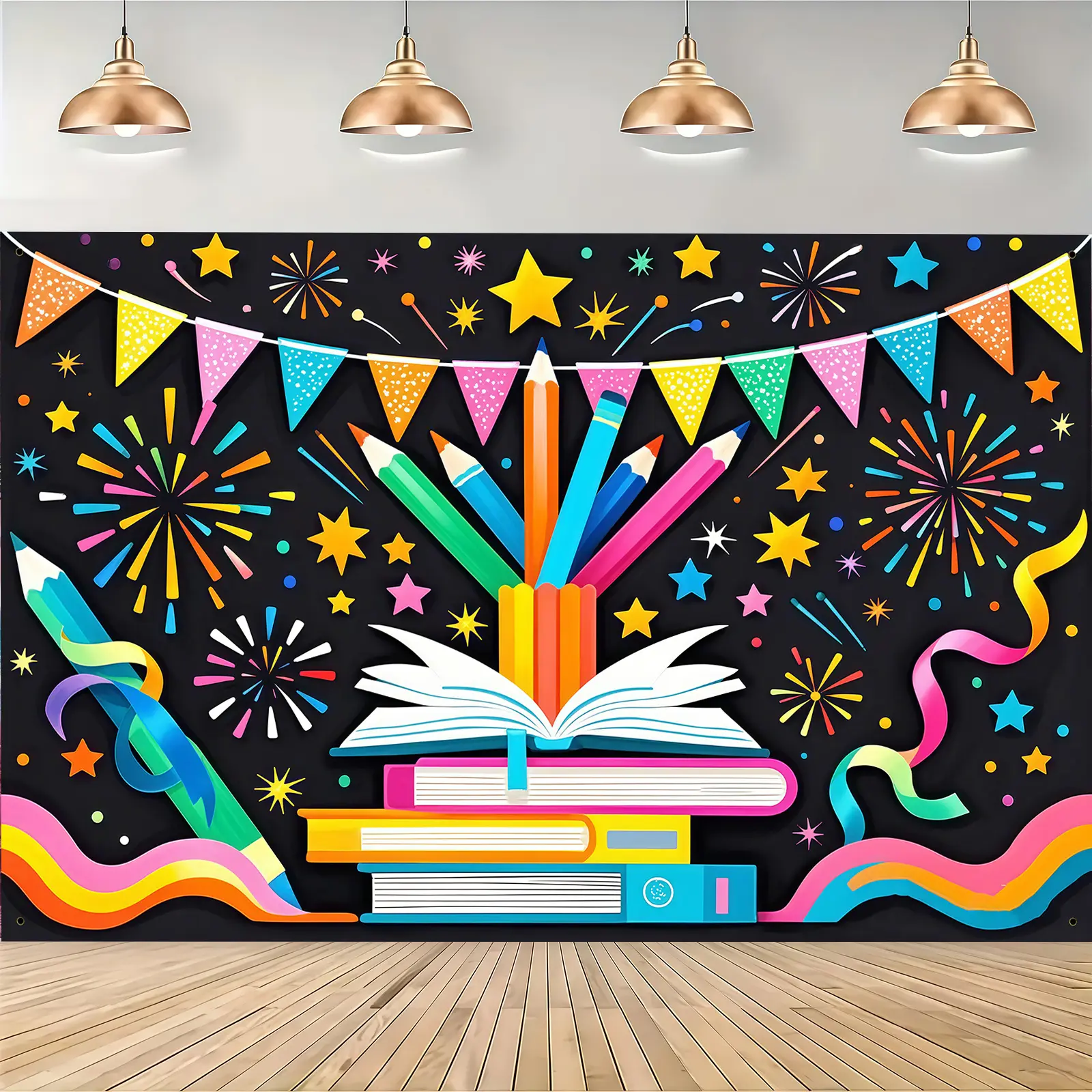 Back to School Dreamy Pencil Backdrop Banner, Colorful Polyester Tapestry with Books Ribbons Stars Design for Student Return Party, Classroom Decor and Photo Booth