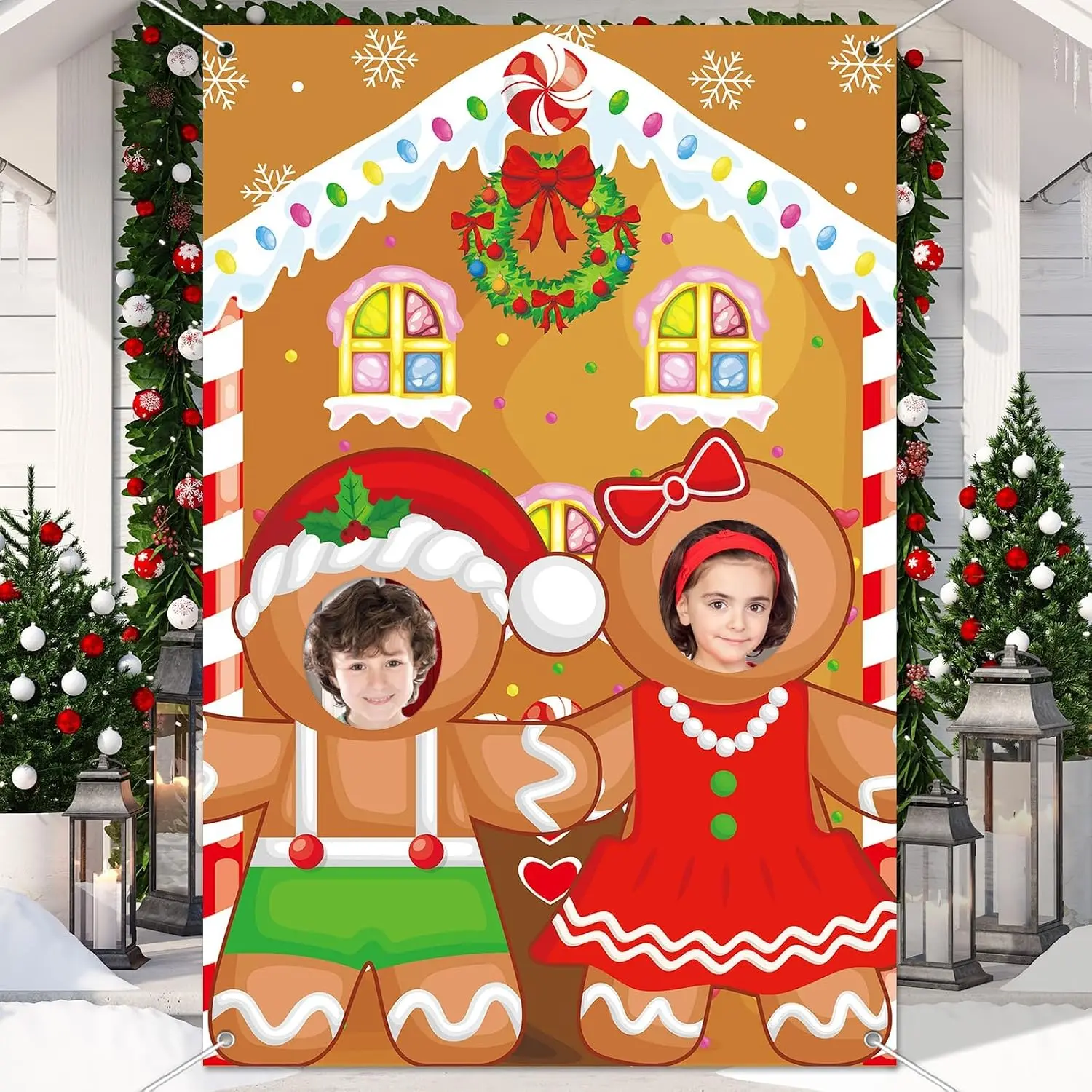 Gingerbread Photo Booth Prop Banner Christmas Door Background Decorations Large Fabric  in Hole Photo Stand-in Gingerbread House Backdrop for Indoor Outdoor Winter Holiday Party Supplies