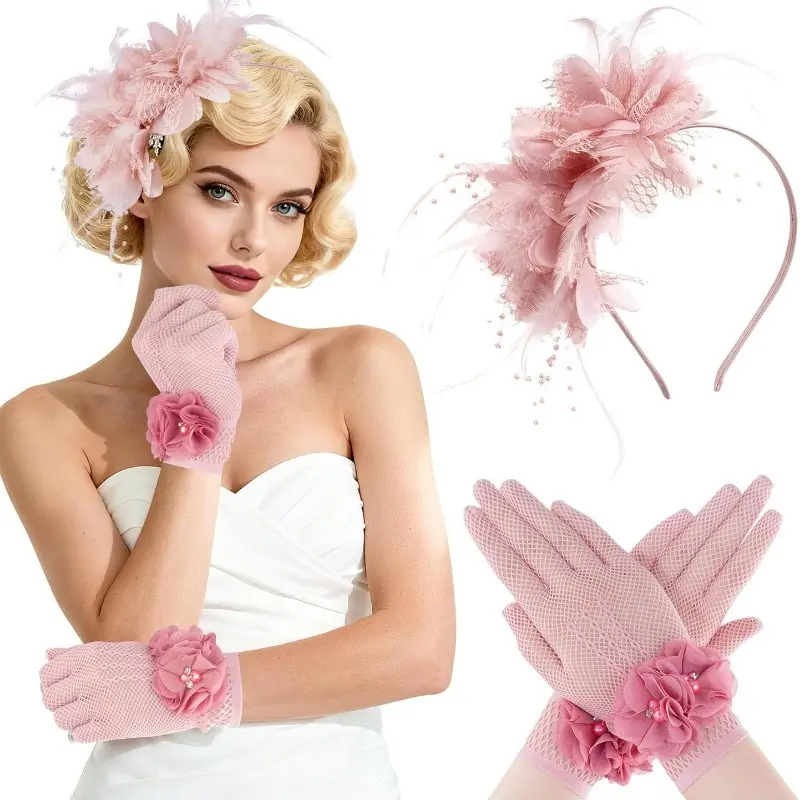 Fascinator Headband and Lace Gloves Set for Women, Vintage Style with Flowers, Feathers & Pearl Embellishments for Tea Party & Weddings