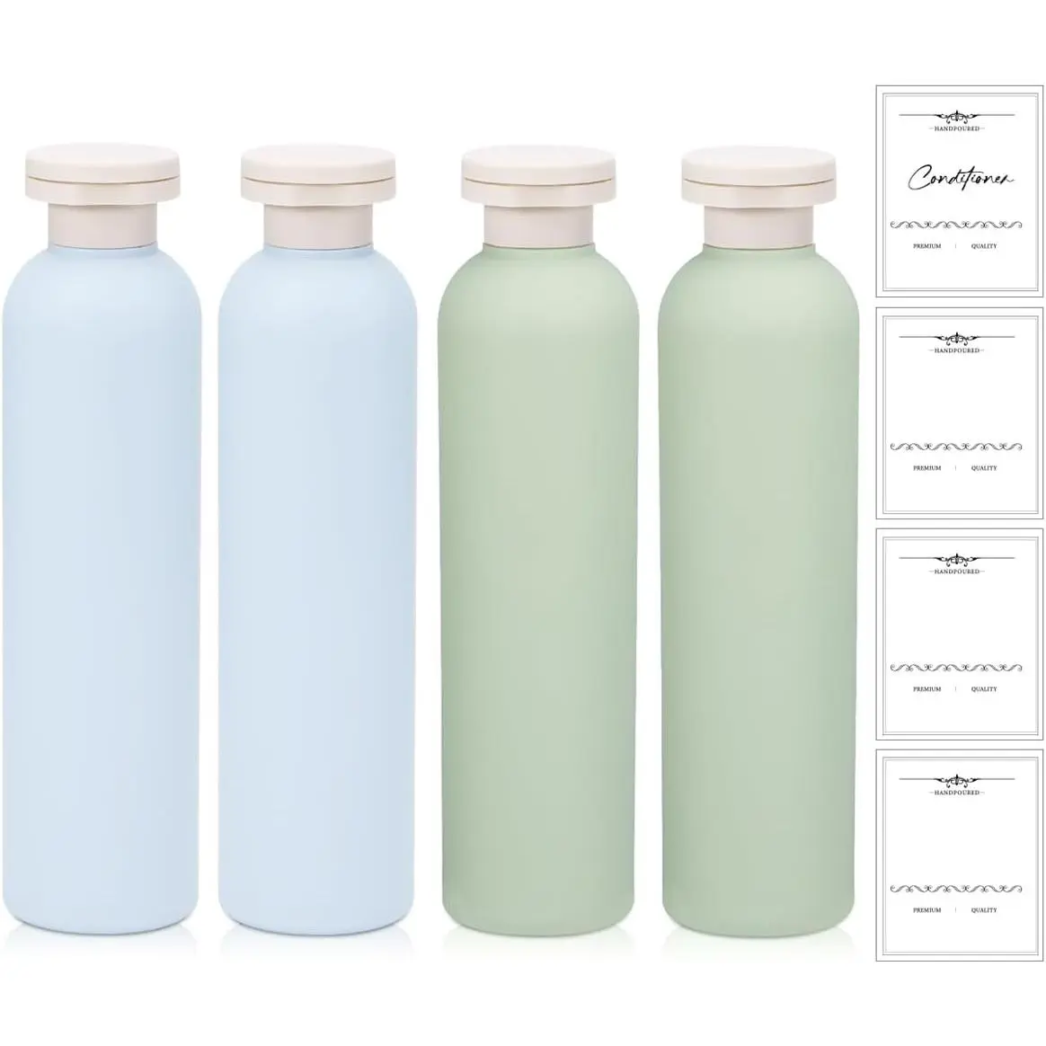 8.8 oz HDPE Lightweight Plastic Travel Shampoo Bottles, Durable Refillable Flip-Cap Squeeze Containers, Leakproof Inverted Home Organizer Storage Jars for Toiletries (Green+Blue)