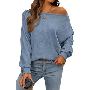 2025 Casual Pullover Off The Shoulder Sweater Batwing Long Sleeve Sweatshirt Knit Jumper Tops for Women