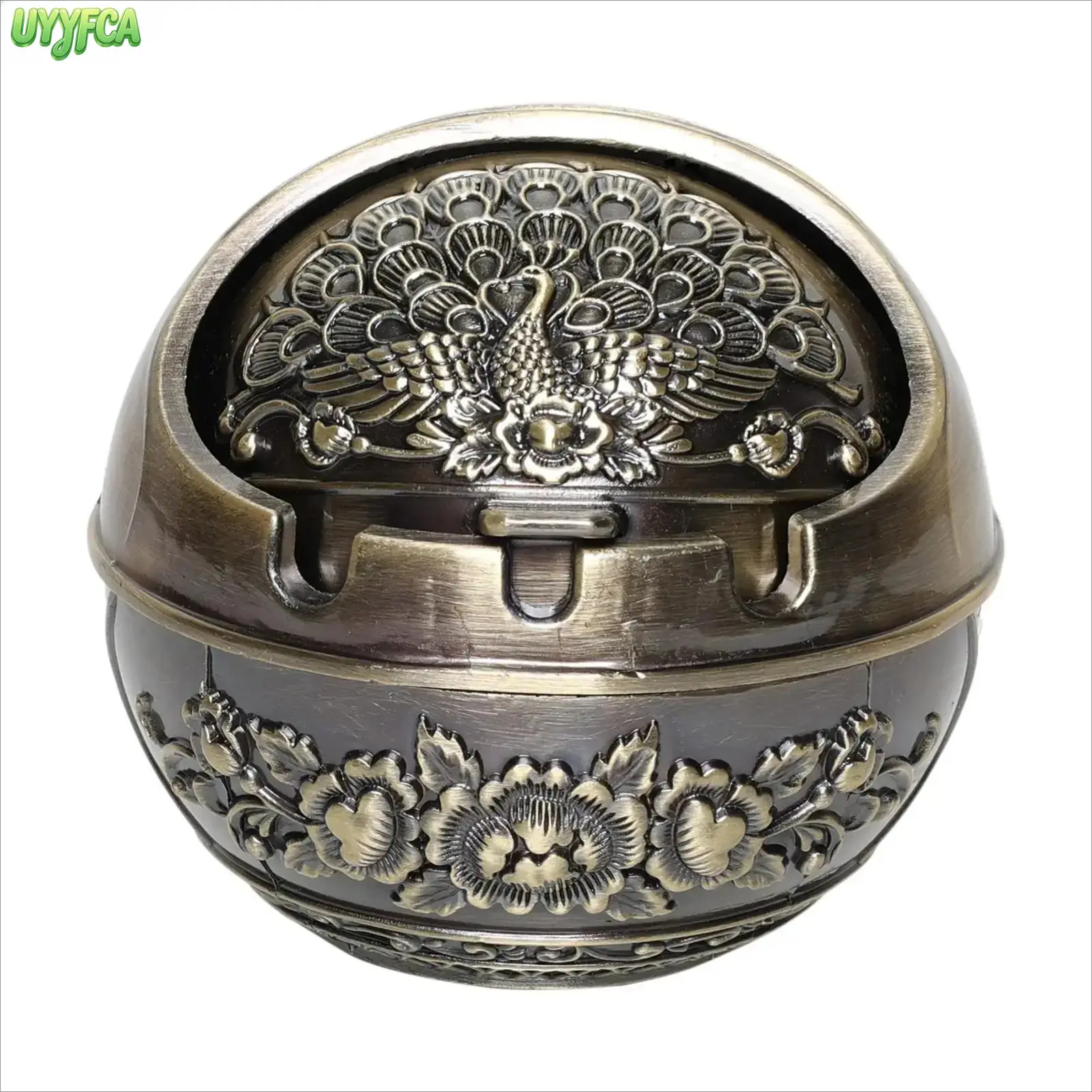 Vintage Embossed Peacock Floral Vintage Metal Flip Top Ashtray,Pocket-Size,Windproof Smokeless Round Ash Holder Compact Rust Resistant Antique Bronze Red Copper Finish, Retro Oriental Tabletop Decor For Living Room Bar Office Thoughtful,Summervibes