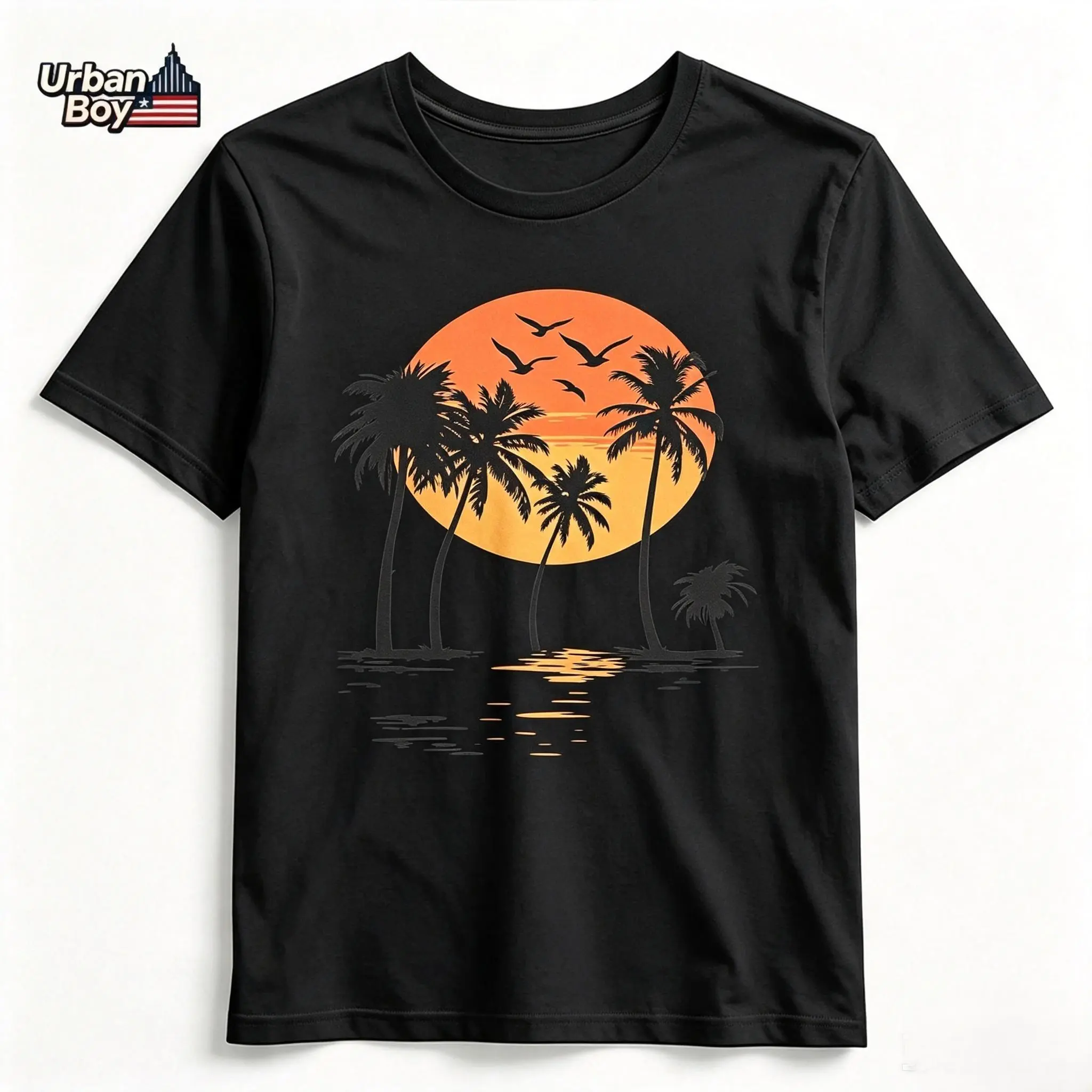 Men's 100% Cotton Short-Sleeve Round Neck T-Shirt - Vintage Retro Tropical Graphic, Sunset Scene, Ocean Palm Tree Seagull Prints, Casual Silhouettes, Summer Vacation Camping Essentials Menswear Top