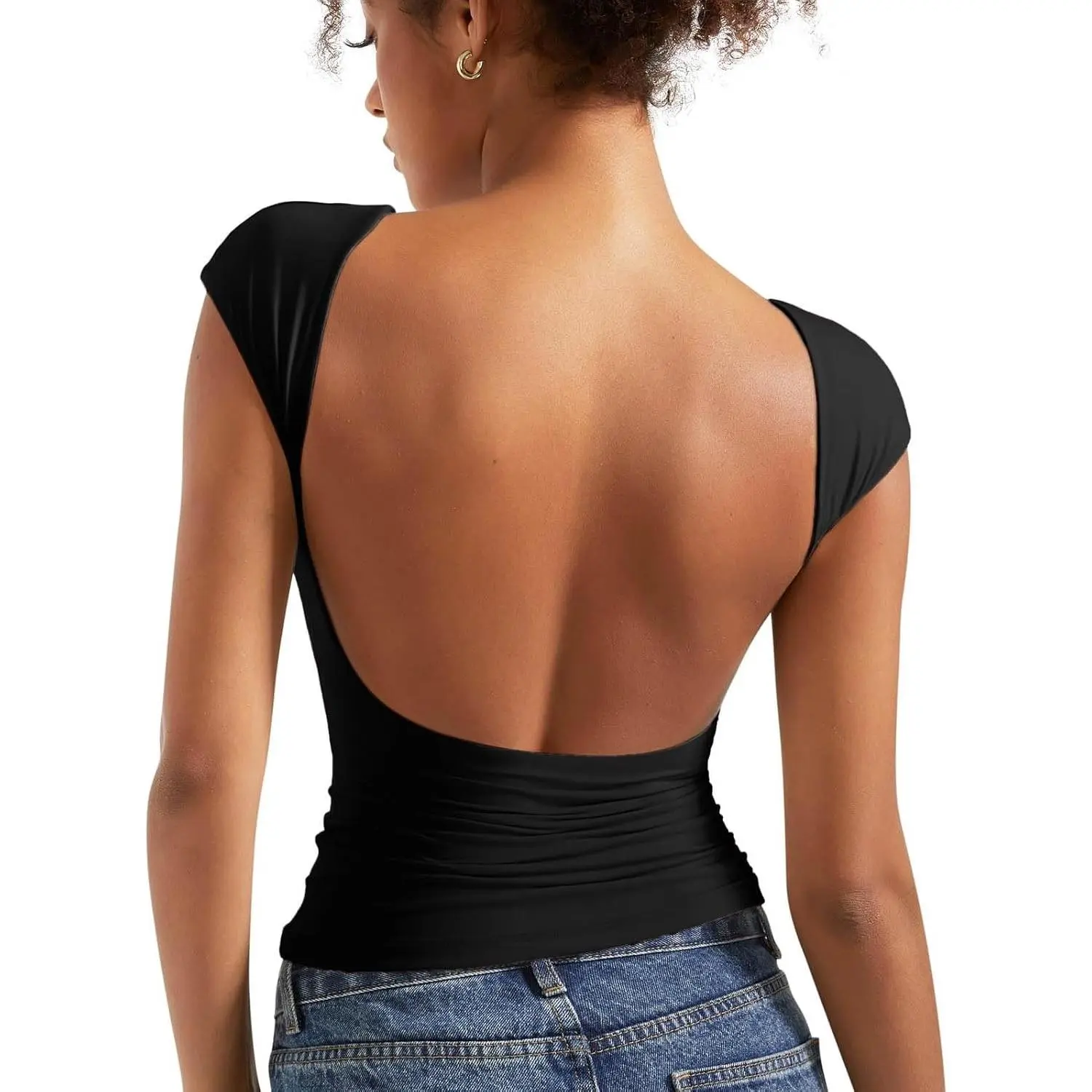 Women Backless Sexy Going Out Tops Double Lined Open Back Y2k Basic Tee Shirts