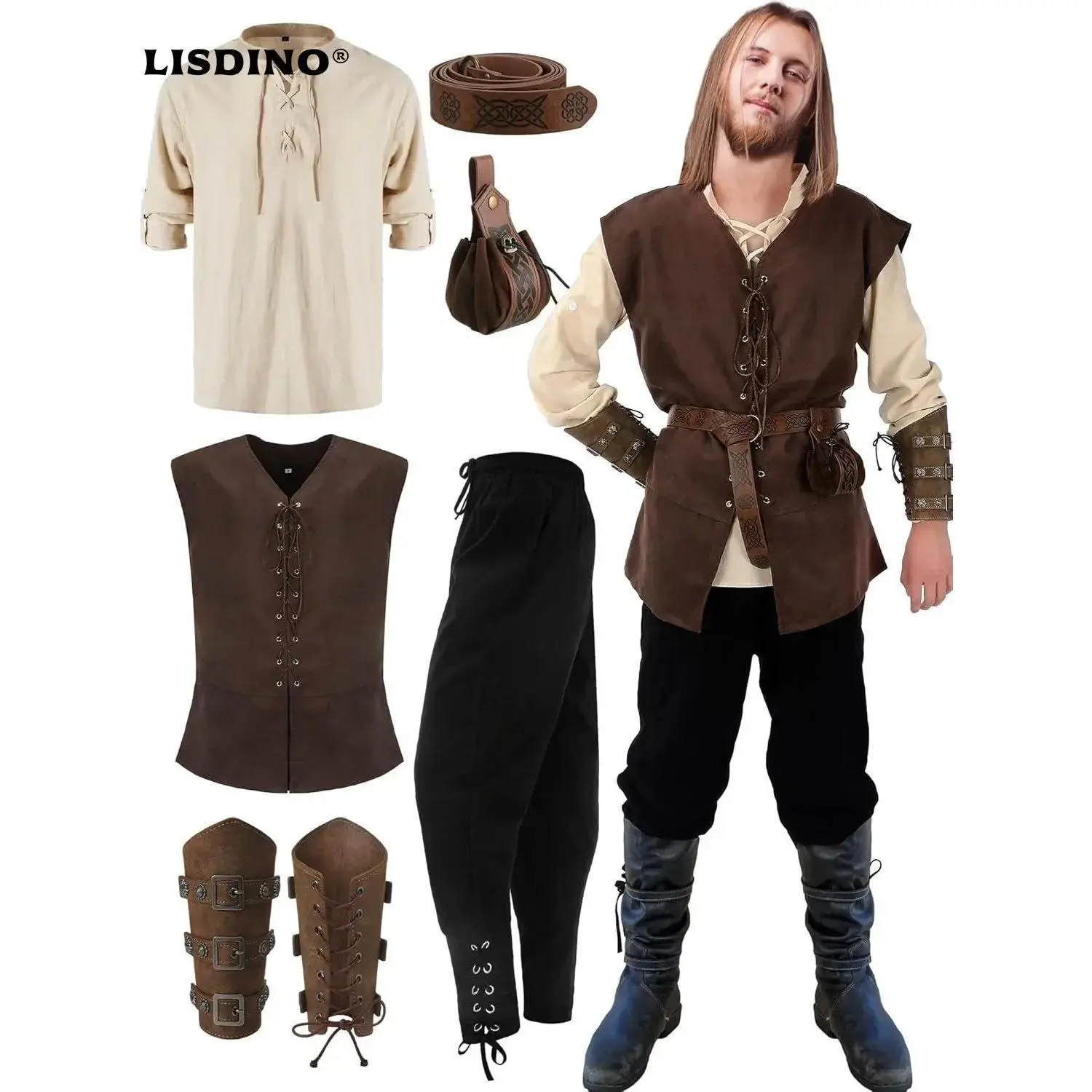 Men's 6-Piece Fantasy Costume Halloween Renaissance Medieval Menswear Set - Polyester Vest, Shirt, Ankle-Banded Pants, Viking Belt, Armband, Pouch
