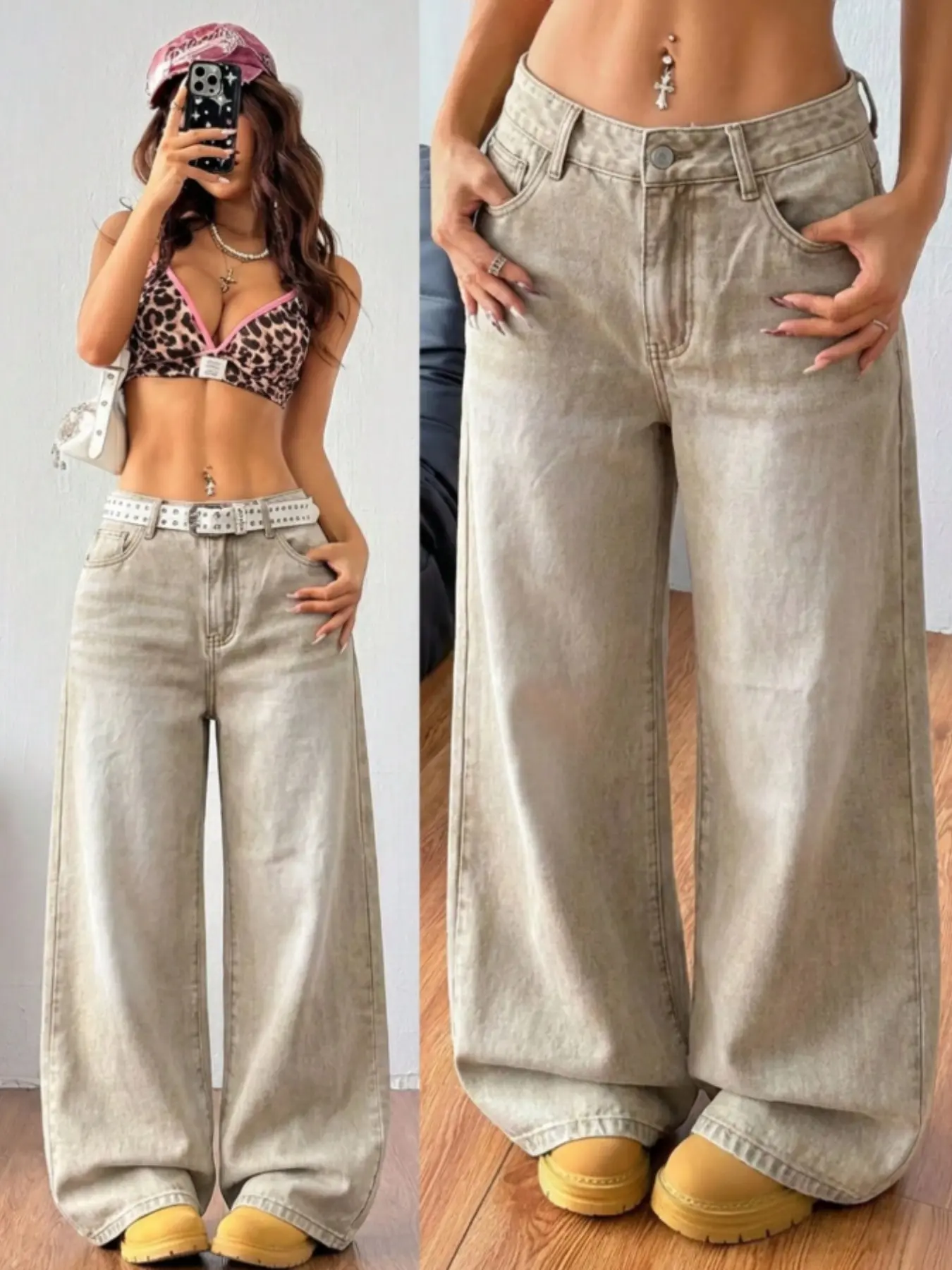 Women's Vintage Wide-Leg Jeans Pants, Loose Fit Casual, Non-Elastic Mid-Waist, Fashionable and Versatile, Suitable for All Seasons