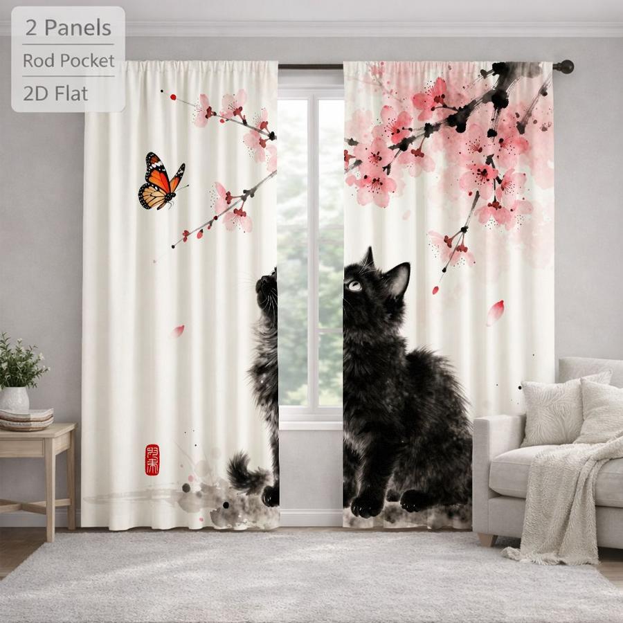 2Pcs Japanese Style Ink Painting Cat Butterfly Sakura Pattern Curtains Digital Printed Rod Pocket, Window Treatment For Bedroom Office Kitchen Living Room Study Home Decor