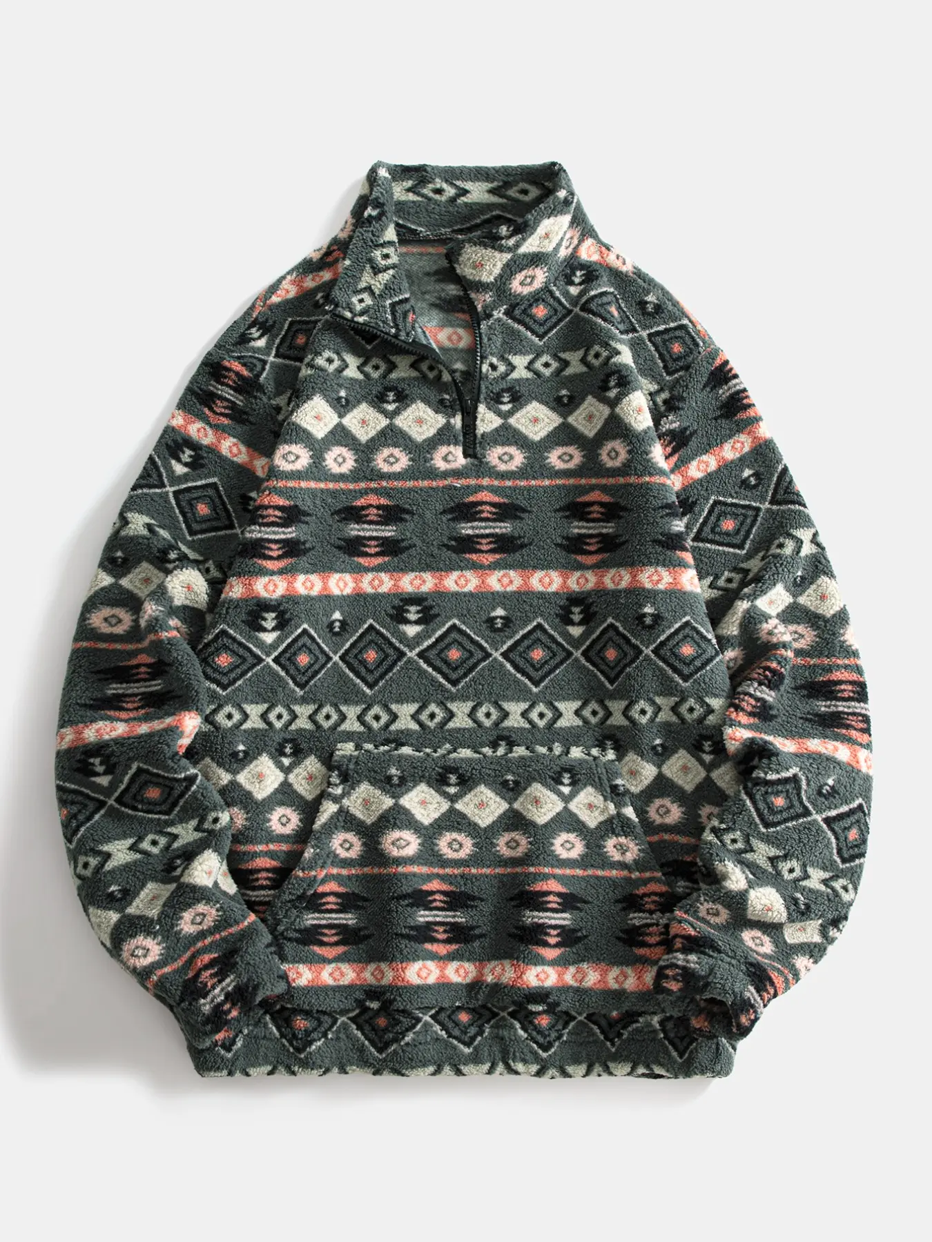 Men's Western Ethnic Aztec Geometric Plush Half-Zip Sweatshirt, Stand Collar Front Pocket, Loose Fit Fall Winter Streetwear