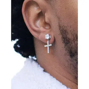 Women's 1-Size Artificial Zirconia Studded Cross Motif Hip Hop Dangle Studs Earrings - Minimalist Daily Fashion Accessories, Single Pair, Dainty Costume Jewelry Statement Piece, Dainty Fashion Jewelry