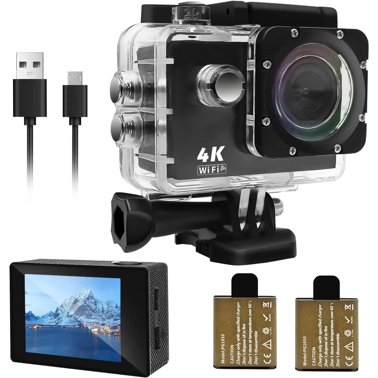 Action Camera 4K 30FPS,  Camera 30M Underwater Ultra  131FT 170°Wide Angle , with 2 x 1050 mAh  for Cycling, Ice Skating, Skiing, Fishing, Climbing
