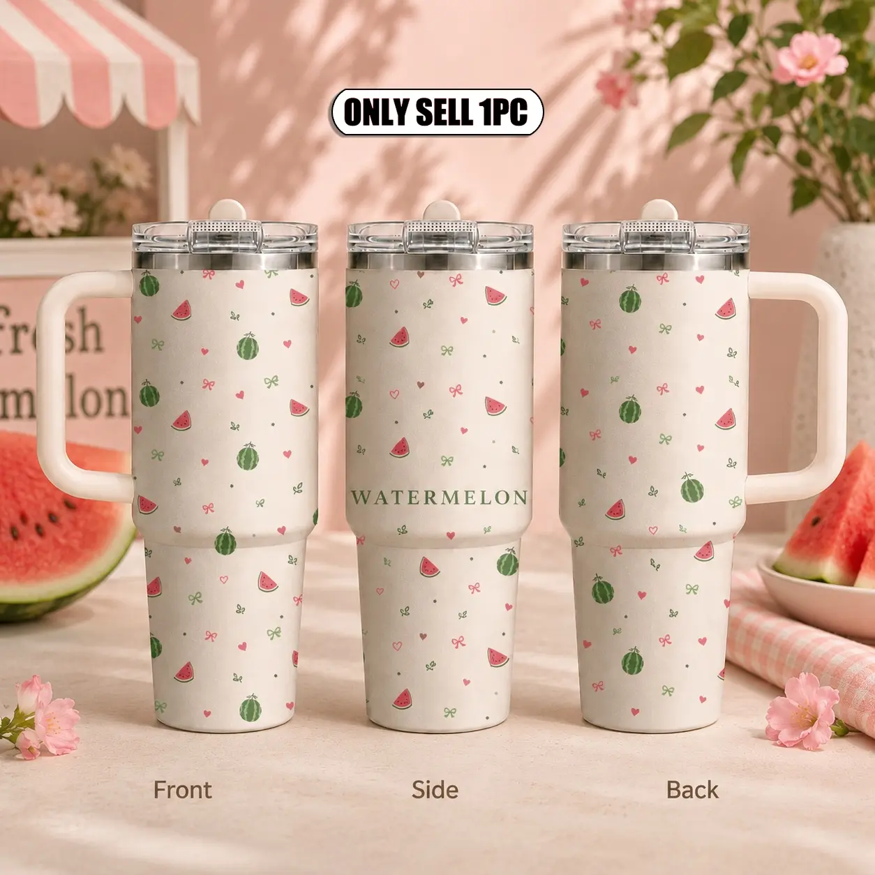 Watermelon apple Bow ins Vacuum Flasks 40oz 3rd Gen Vacuum Insulated Tumbler with Handle & Straw Lid, Leak-Proof Stainless Steel Travel Mug for Water, Coffee, Gym, Office, Car Cup Holder