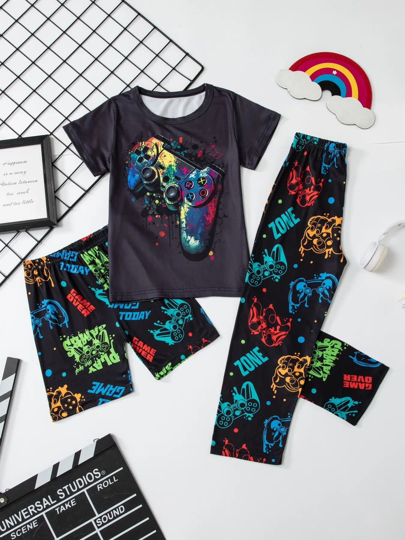 3-Piece Cartoon Game Controller Butterfly Print Pajama Set, Loose-Fitting Geometric Pattern Sleepwear, Casual H-Type Pyjamas, Summer Pjs