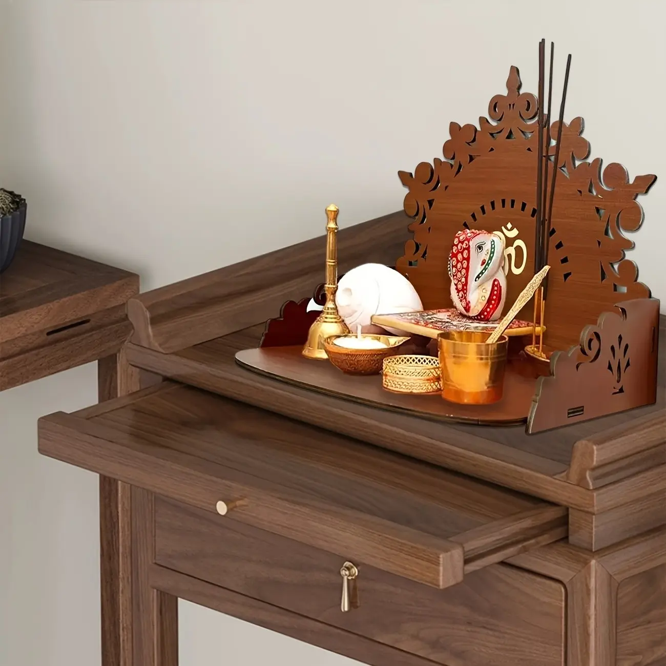 Wooden Wall-Mounted Om Symbol Altar, Home Shrine Shelf, Prayer Room Decor, Spiritual Home Decoration, Feng Shui Ornaments, Religious Decorations