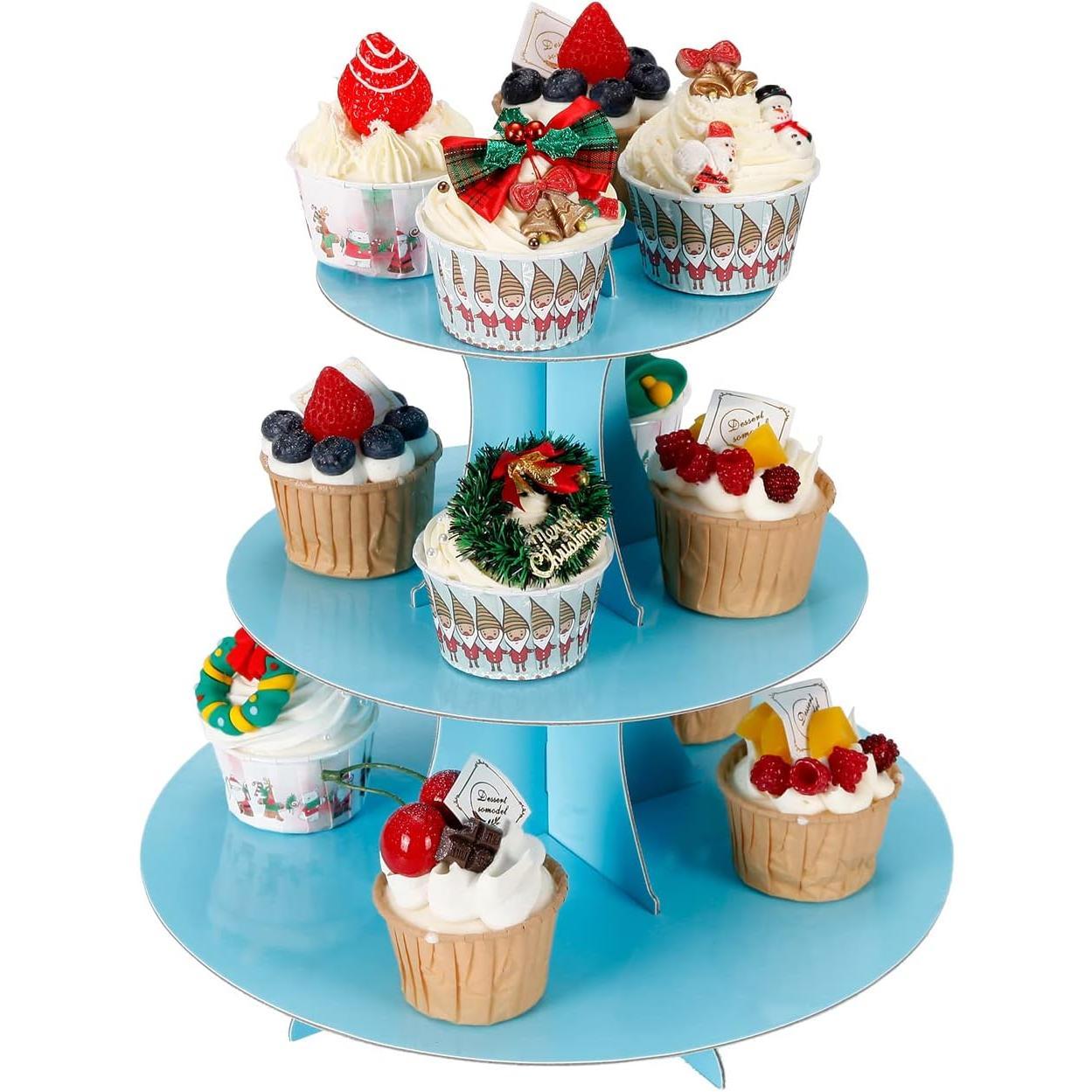 2 count 3-Tier Cupcake Stand, Cake Stand holder, Tiered DIY Cupcake Stand Tower for Dessert Table Displays, Birthday Theme Party Favors Decoration, Floral  Party, 12" W x 12.8" H, Light Blue