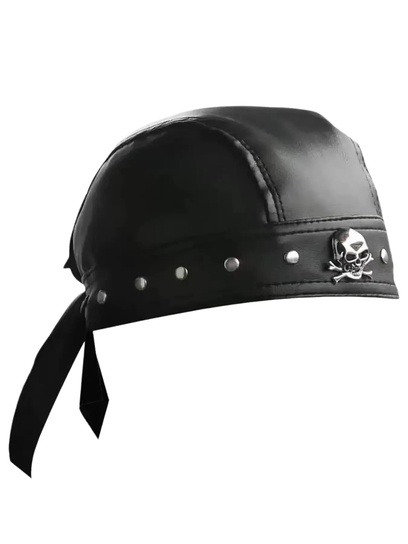 Neutral Punk Skull Cap - Black Rivet Faux PU Leather Headband with Metal Studs, Adjustable Biker Doo Rag for Motorcycle, Y2K Hip Hop Party Fashion, Versatile Use