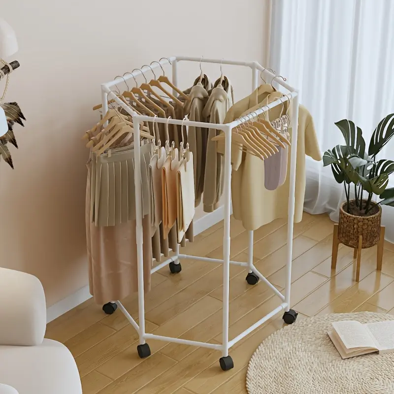 1 Piece Hexagonal Clothes Drying Rack with Wheels | Laundry Hanging Rack, Sturdy Metal Frame, Rotatable, Holds up to 117.93 Kilograms, Suitable for Bedrooms, Laundry Rooms and Balconies, Space-Saving Design, Freestanding, Iron End Caps