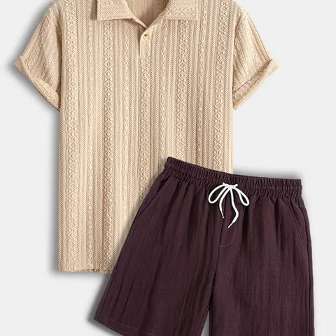 Men's 2-Piece Textured Knit Polo Shirt and Shorts Set, Casual Comfortable Summer Beach Vacation and Daily Leisure Wear