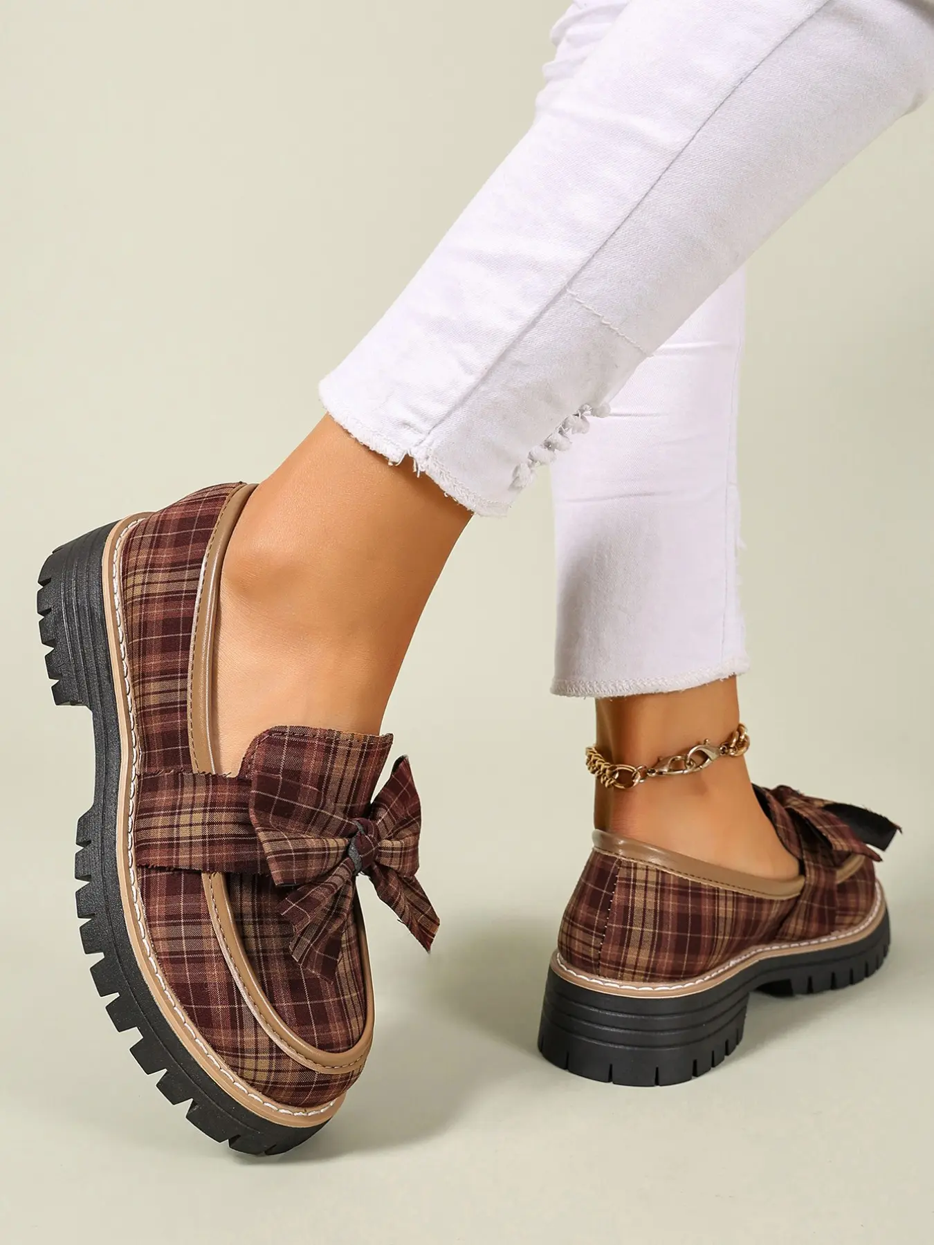 Women's Plaid Bow Platform Loafers, Slip-On Lug Sole Tartan Pattern Casual Shoes, Comfortable and Stylish Footwear for Everyday Wear, Casual Fashion Shoes
