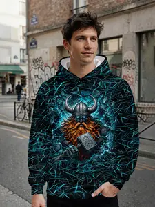 Men's 3D digitally printed hoodie with cracked ice Viking warrior tough-guy style, all-over print design, eye-catching for daily streetwear and music festival outfits, an ideal holiday gift for men