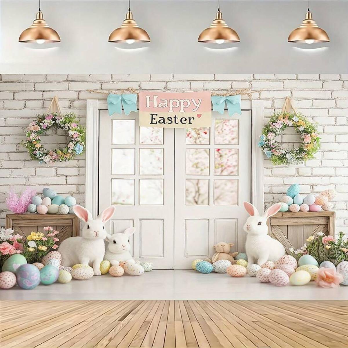 1pc Adorable Easter Bunny & Eggs Wall Backdrop , Durable Polyester, Perfect For Spring Celebrations, Birthday & Wedding Party Decorations, Cozy Home Cake Table Banner With Charming Rabbit And Colorful Egg Design, Rabbit Accessories room tapestry