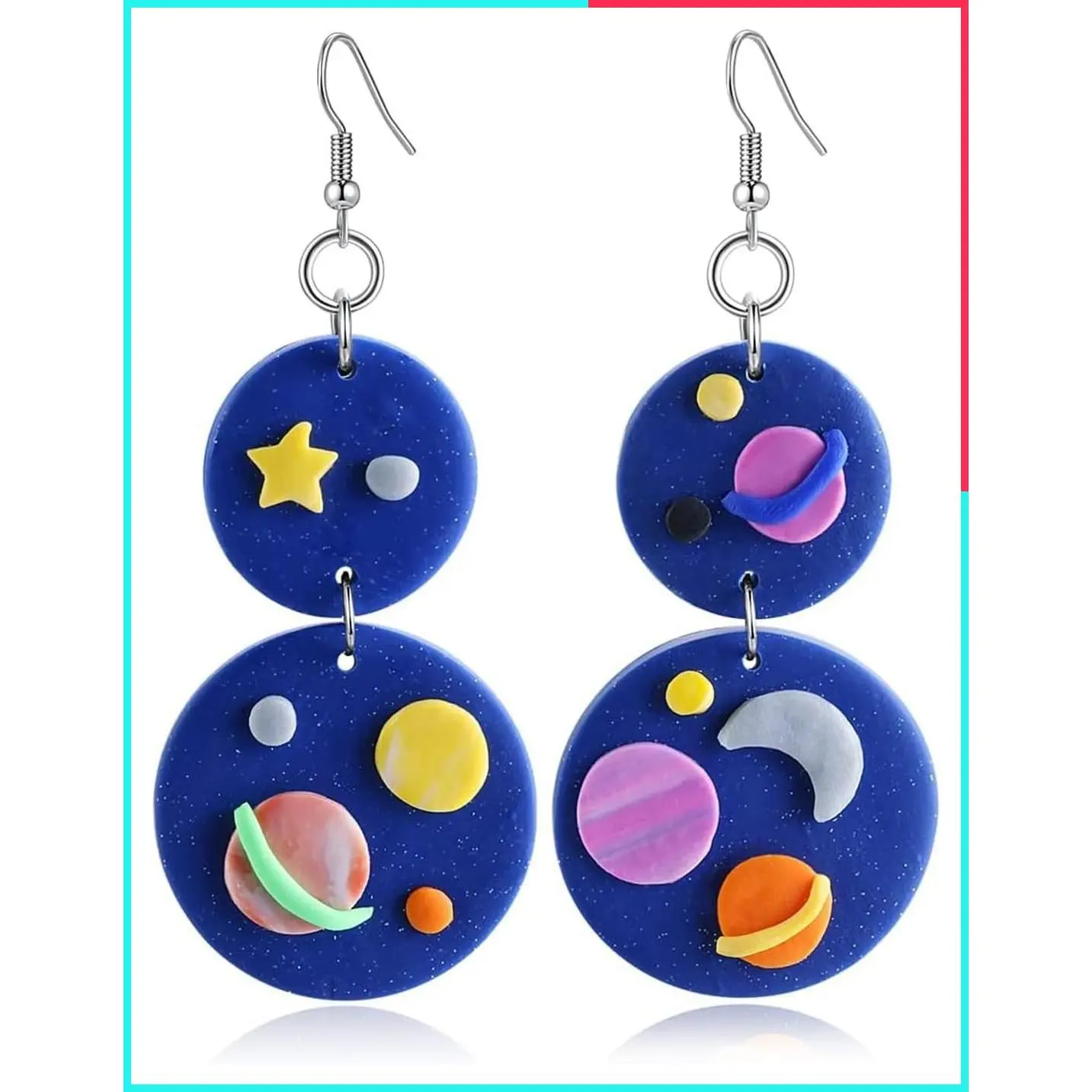 Handmade Polymer Clay Space Planet Saturn Dangle Earrings for Women - Fun Science Teacher Jewelry, Halloween Costume Accessories Gift