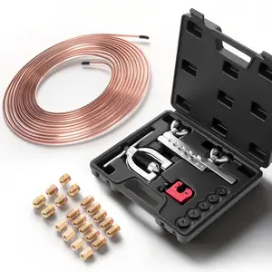 3/16 Inch Brake Line Repair Kit, 45° Double And Single Brake Line Flaring Tool Kit, 25 Feet Copper-Coated Brake Line With 16 Fittings And 4 Unions, Tube Cutter, 5 Adapters, And Toolbox Included For Auto Repair