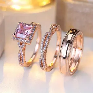 3-Piece Set Elegant Square Pink  Rings, Couple Engagement Style, Suitable for Daily & Banquet, Ideal Gift for Birthday, Valentine's Day & Wedding Cubic Zirconia Solitaire Sparkling Zircon Inlay