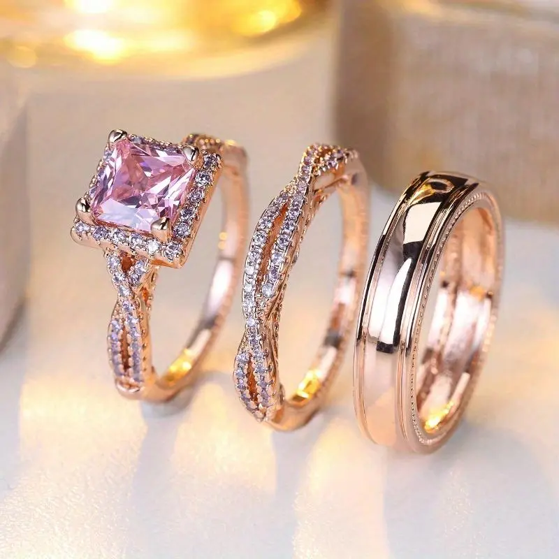 3-Piece Set Elegant Square Pink  Rings, Couple Engagement Style, Suitable for Daily & Banquet, Ideal Gift for Birthday, Valentine's Day & Wedding Cubic Zirconia Solitaire Sparkling Zircon Inlay
