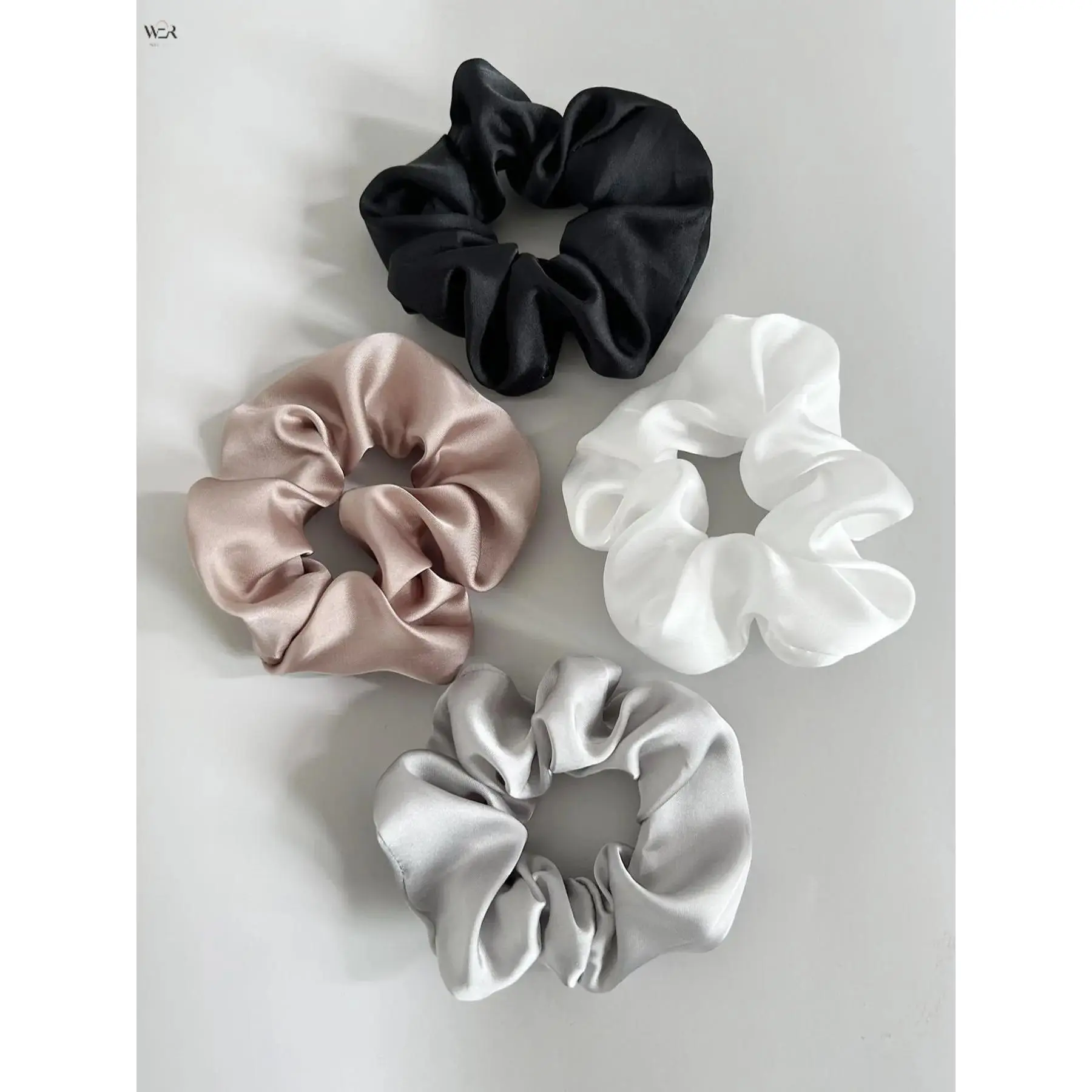 Women's 4-Pack Silk-Like Satin Hair Scrunchies, Soft Glossy Solid Neutral Tone Oversized-Shape Round-Loop Hair Ties, Elegant Ponytail Holders for Girls