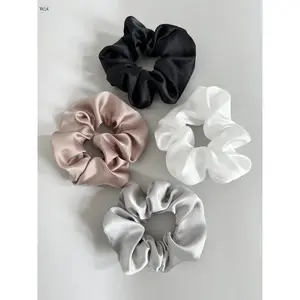 4 Pack Large Silky Satin Hair Scrunchies, Soft Glossy Solid Color Oversized Hair Ties, Elegant Neutral Tone Ponytail Holders for Women Girls