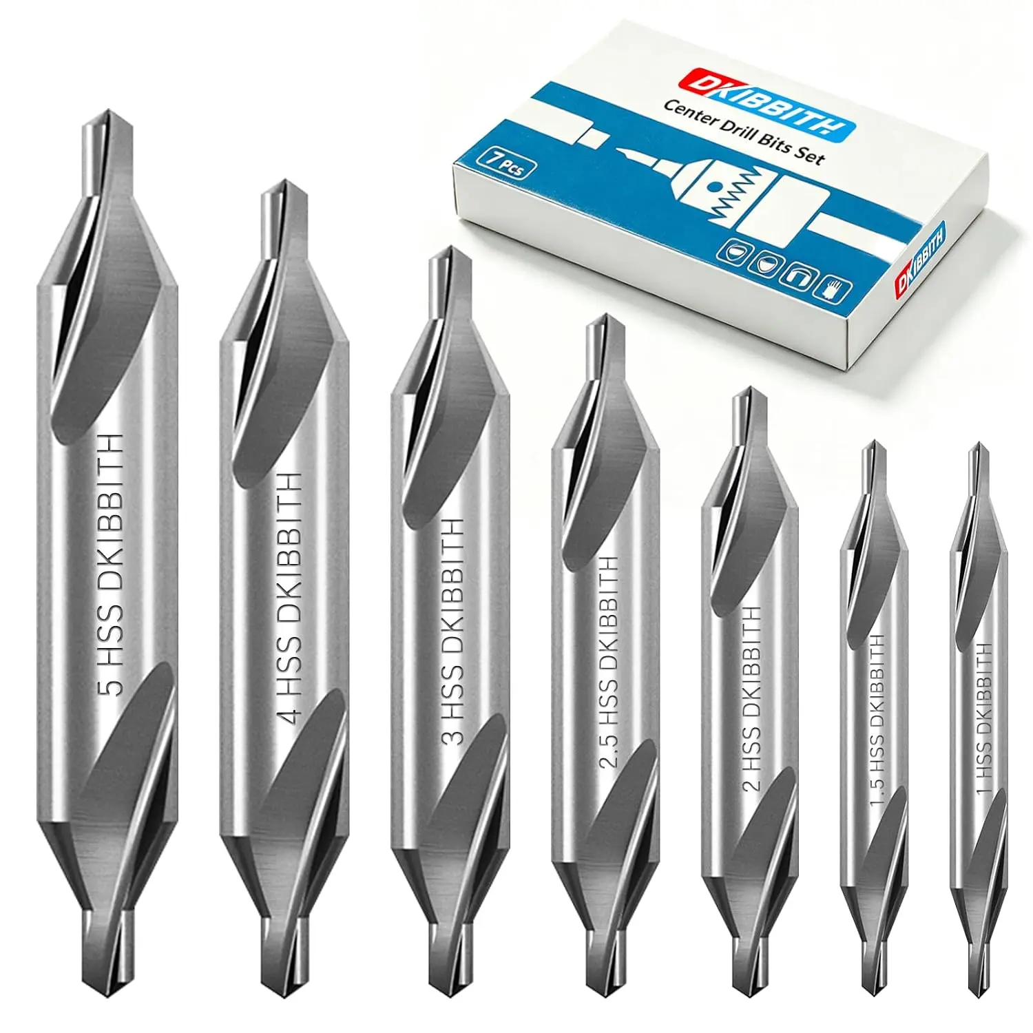 M2 HSS Steel 7-Piece 60-Degree Center Drill Bit Set with Drill Centering Function, Countersink Tool for Hard Metals on Lathes (1.0-5.0mm Sizes Covered)