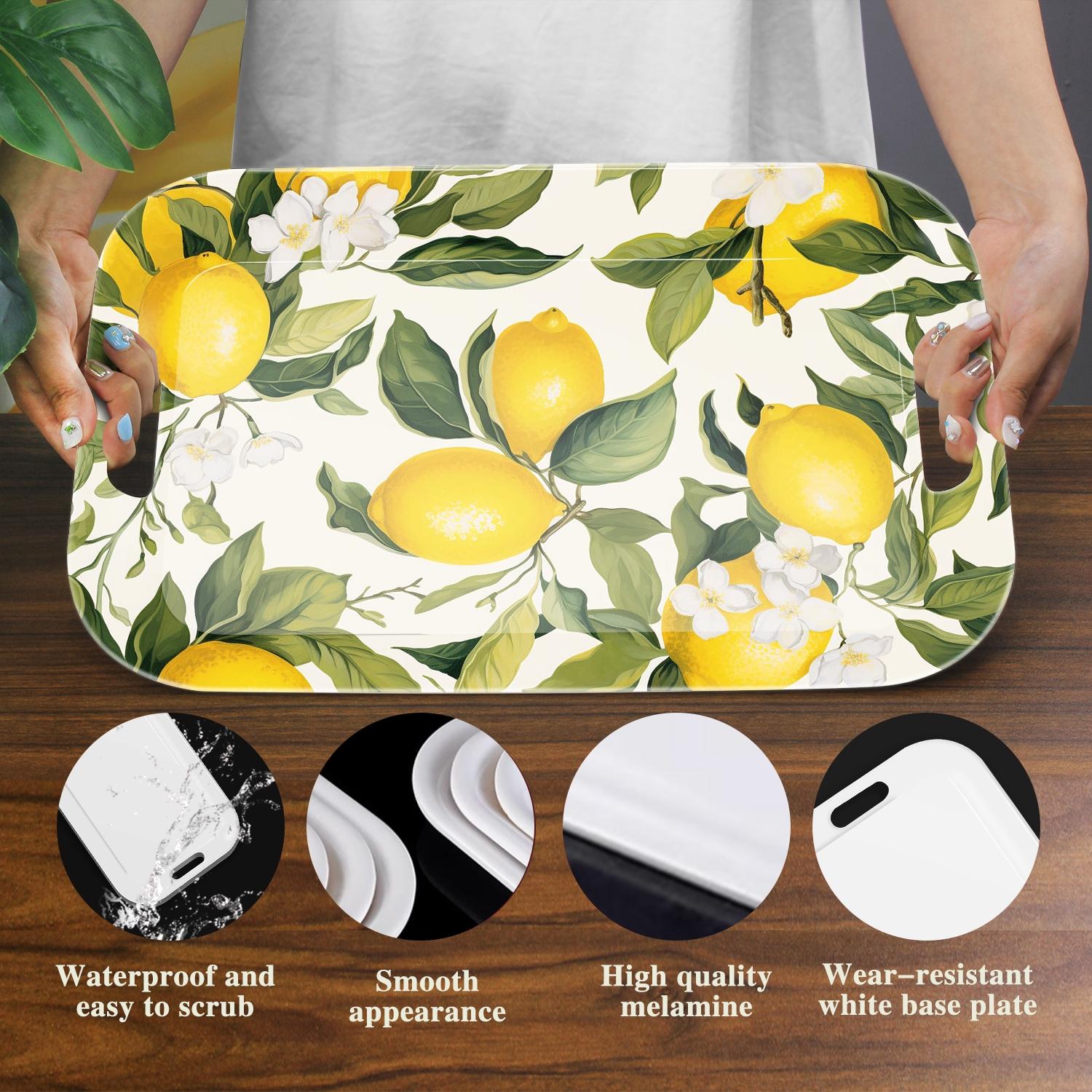 Modern Lemon Pattern Serving Tray - Lightweight & Easy-Clean Rectangular Snack Tray with Grip Handles, Sturdy Melamine for Kitchen, Dining, Parties - Lemon Tree Leaves Decor in Yellow, Green, White - Home Decor Centerpiece, Dining Table Acce Plates