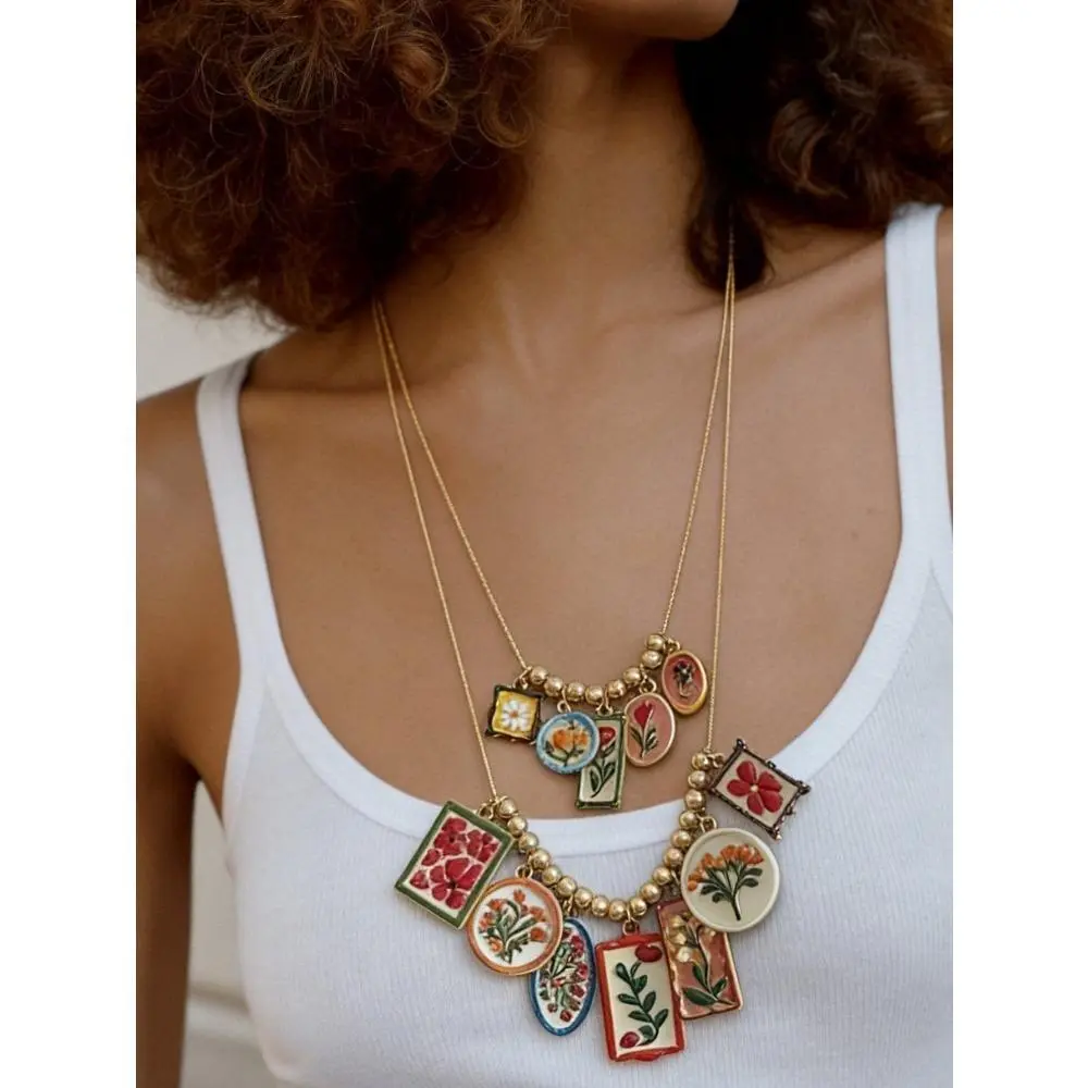 Women's Retro Chic Double-Layer Alloy Printed Multi-Charm Stackable Flower Necklace - Adjustable, Beads, Extension Chains, Casual Vacation Accessory for Fashion Lovers