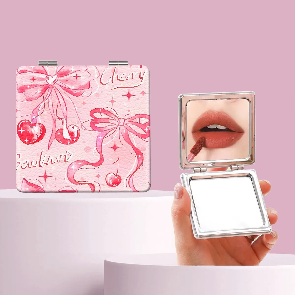Millennium Y2K Style Cherry Bow Alphabet Makeup Mirror, Portable Folding Mini Handheld Mirror, Perfect Gift for All Occasions