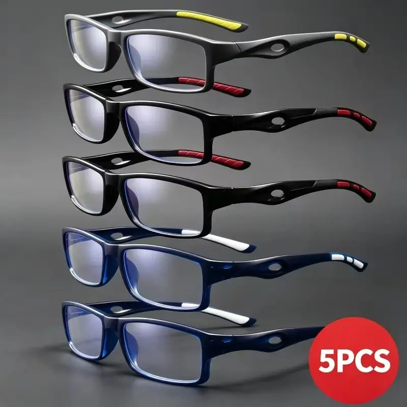 5-Pack Anti-Slip Reading Glasses for Men, Square-Frame Blue Light Blocking Glasses, Lightweight, Flexible, and Durable Readers for Middle-Aged and Elderly Men