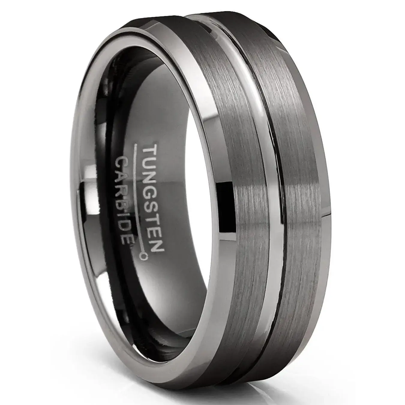 Men's Classy 8MM Gunmetal Tungsten Carbide Grooved Wedding Band - Durable, Polished, Comfort-Fit with Contoured Inner Surface