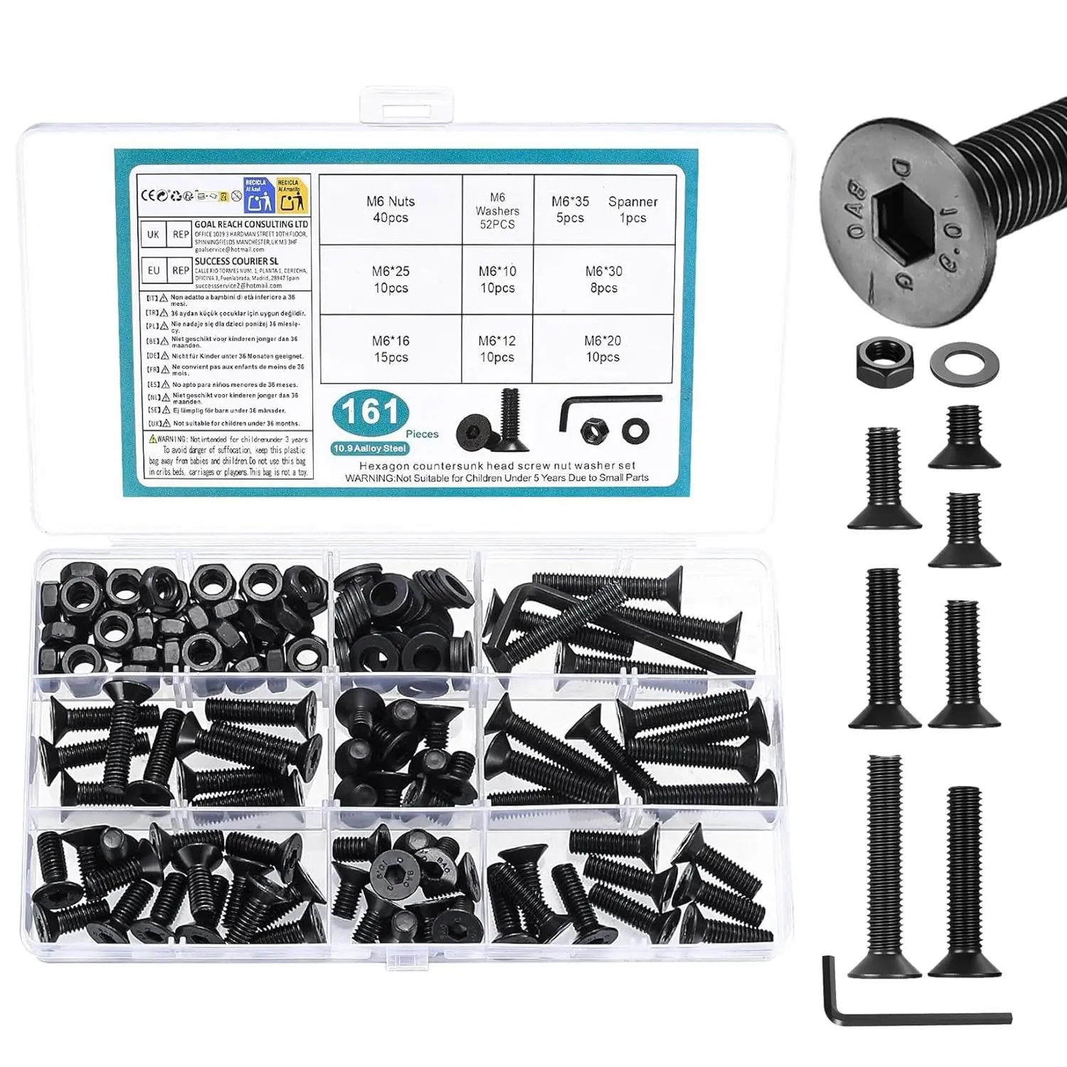 161 count M6 Countersunk Bolt Kit, M6 Flat  Machine Screws  | 10.9 Alloy Steel, Black M6 Screws  Kit, Nuts Washers Kit with Spanner, M6x8/10/12/16/20/25/30/35 mm