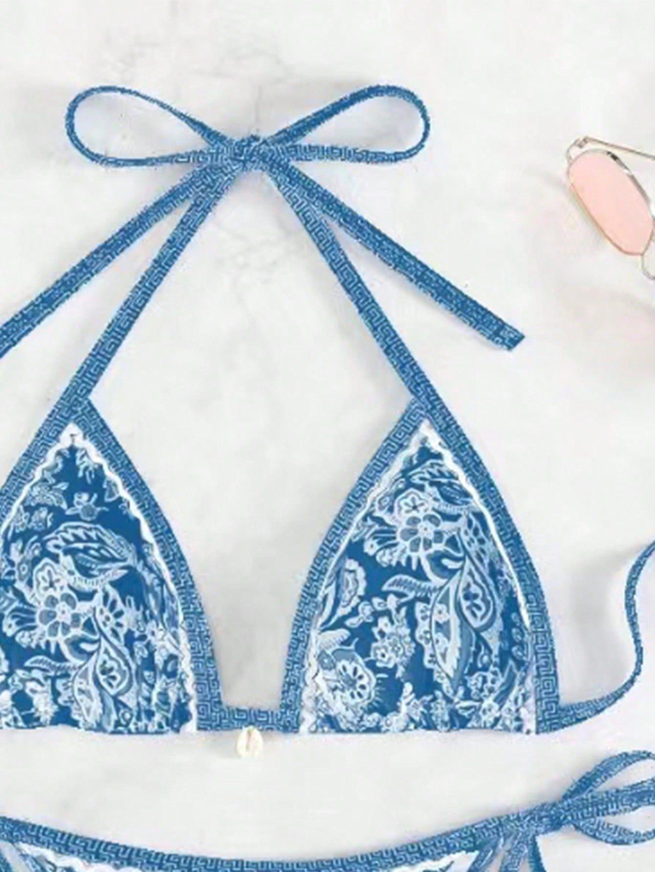 New Bikini Two-Piece Swimsuit Printed Sexy Strap Swimsuit Bikini Set with Adjustable Straps and Floral Pattern