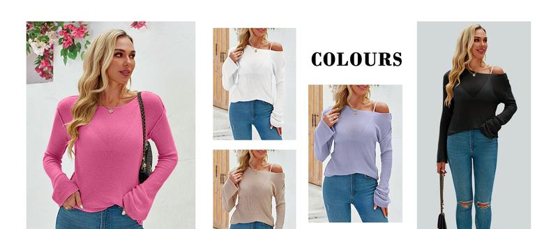 Imily Bela Womens See Through Shirt Boat Neck Long Sleeve Knit Casual Blouse Tops M1H808